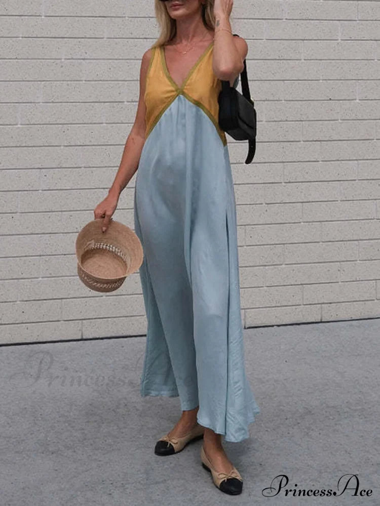 Splicing V-Neck Charming Contrasting Color Dress