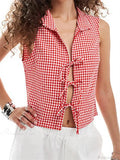 Split Tie-Up Plaid Lapel Collar Tank Crop Top