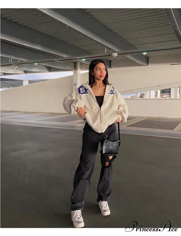 Spring Hoodie Hop Zipper Y2K Oversized Gray Embroidery Letter Streetwear Punk Hip Sweatshirt
