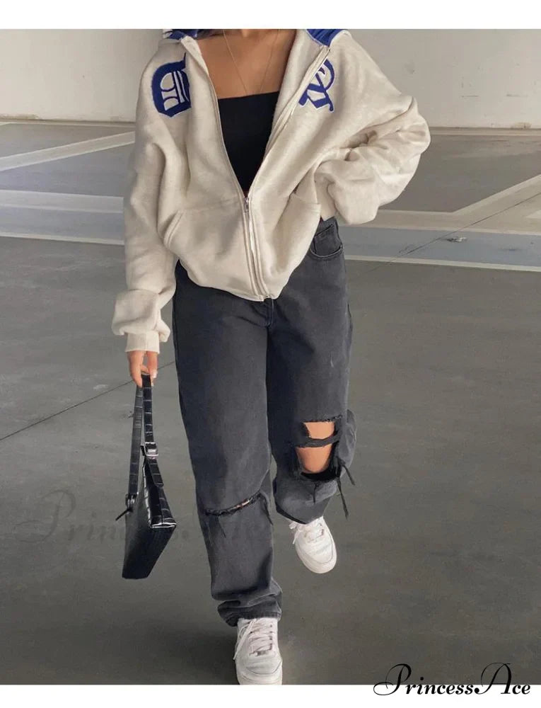 Spring Hoodie Hop Zipper Y2K Oversized Gray Embroidery Letter Streetwear Punk Hip Sweatshirt