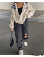 Spring Hoodie Hop Zipper Y2K Oversized Gray Embroidery Letter Streetwear Punk Hip Sweatshirt