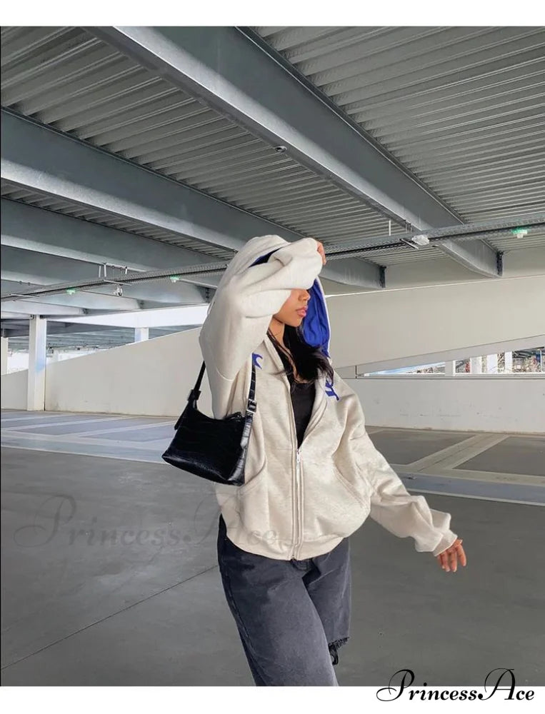 Spring Hoodie Hop Zipper Y2K Oversized Gray Embroidery Letter Streetwear Punk Hip Sweatshirt