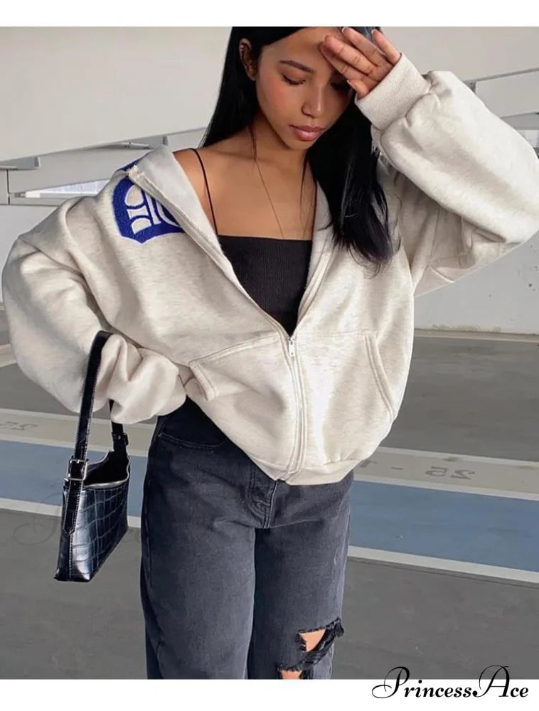 Spring Hoodie Hop Zipper Y2K Oversized Gray Embroidery Letter Streetwear Punk Hip Sweatshirt