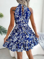 Spring Summer Floral Halter Neck Lace-Up A-Line Dress