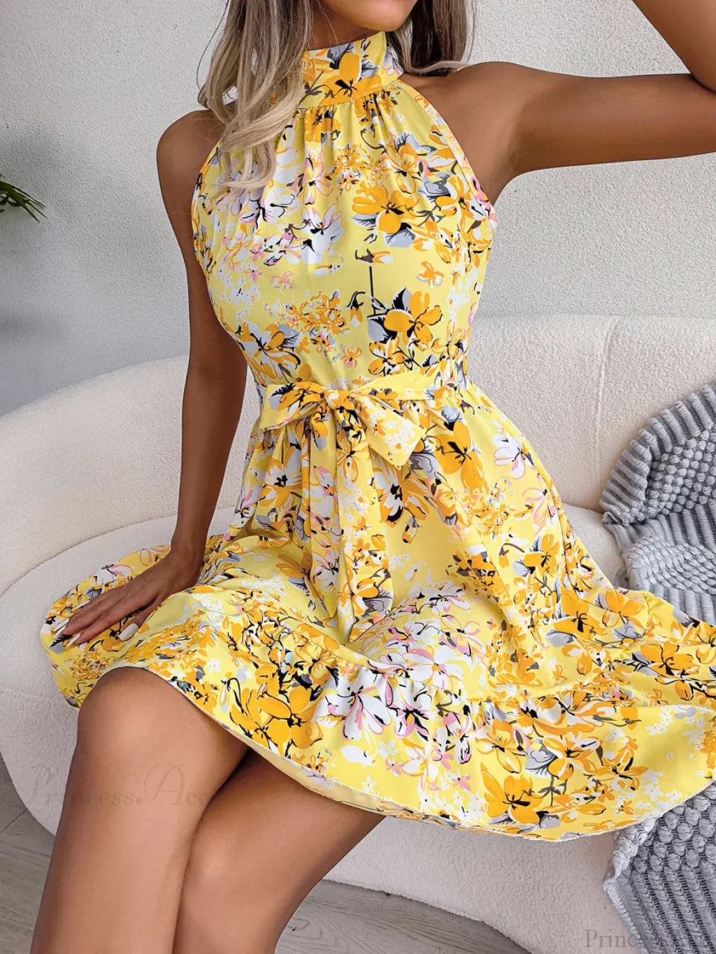 Spring Summer Floral Halter Neck Lace-Up A-Line Dress