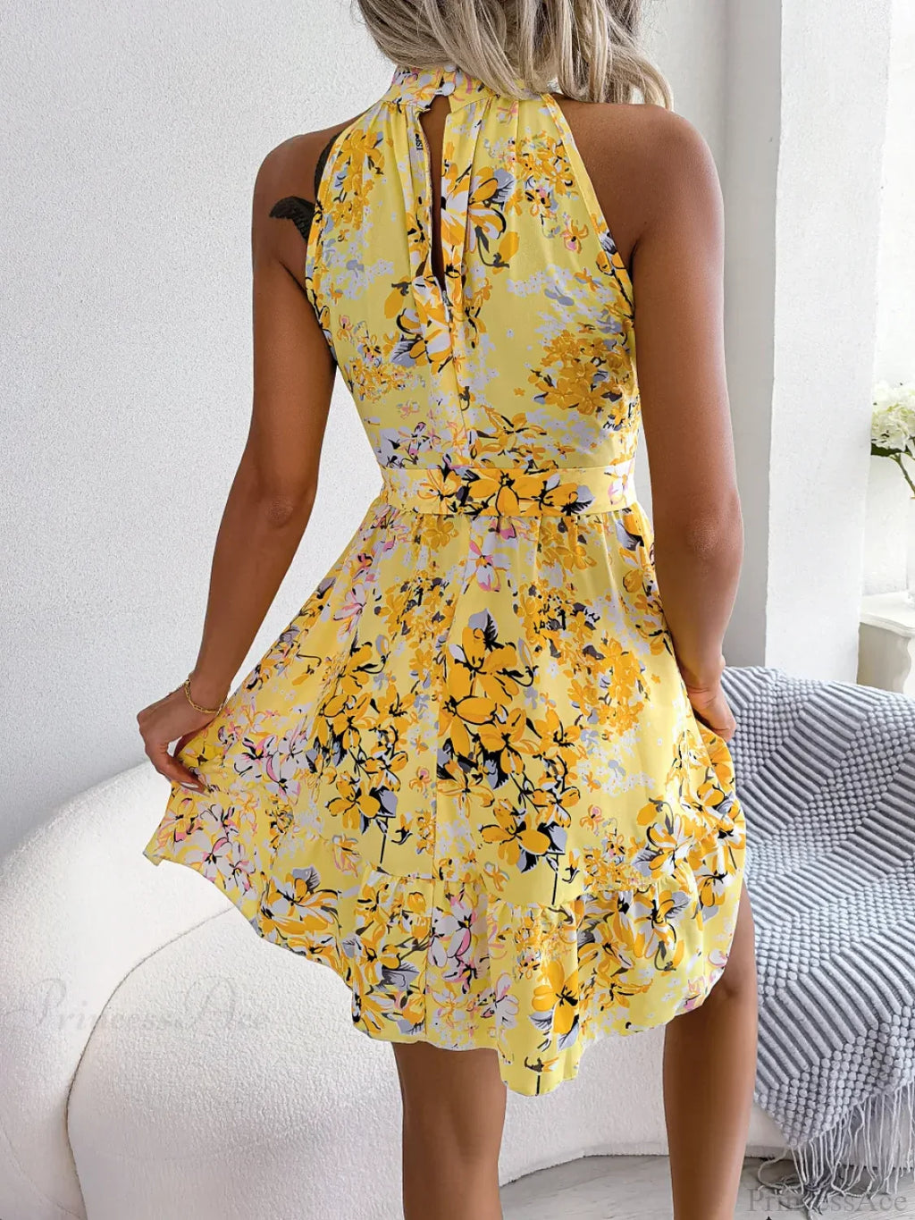 Spring Summer Floral Halter Neck Lace-Up A-Line Dress