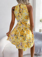 Spring Summer Floral Halter Neck Lace-Up A-Line Dress