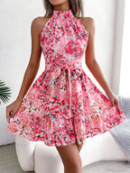 Spring Summer Floral Halter Neck Lace-Up A-Line Dress