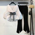 Bow Lantern Flare Pants Striped Blouse Two Piece Set
