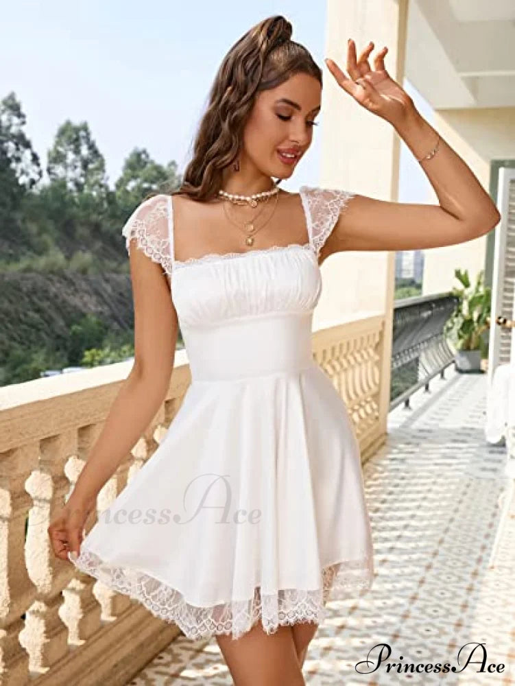 Square Neck Flowy Ruched Bust Dress With Lace