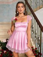 Square Neck Flowy Ruched Bust Dress With Lace