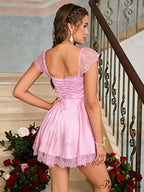Square Neck Flowy Ruched Bust Dress With Lace
