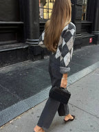 Square Printed O-Neck Long Sleeve Cardigan