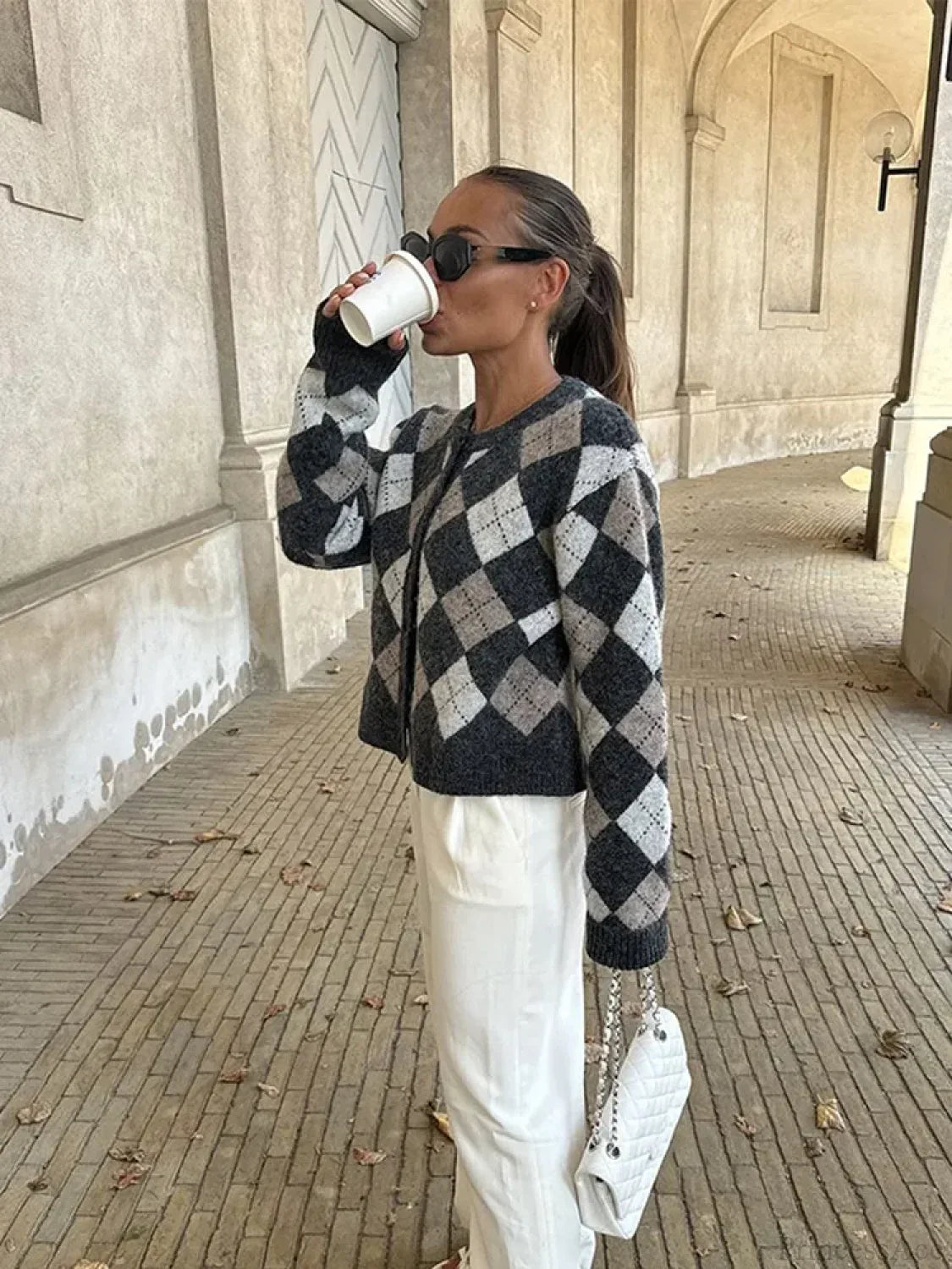 Square Printed O-Neck Long Sleeve Cardigan