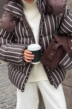 Stand Collar Striped Hooded Warm Quilted Coat