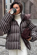 Stand Collar Striped Hooded Warm Quilted Coat