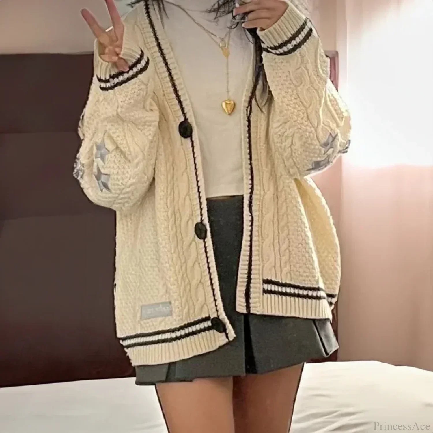 Star Embroidery Knit Button-Up Cardigan