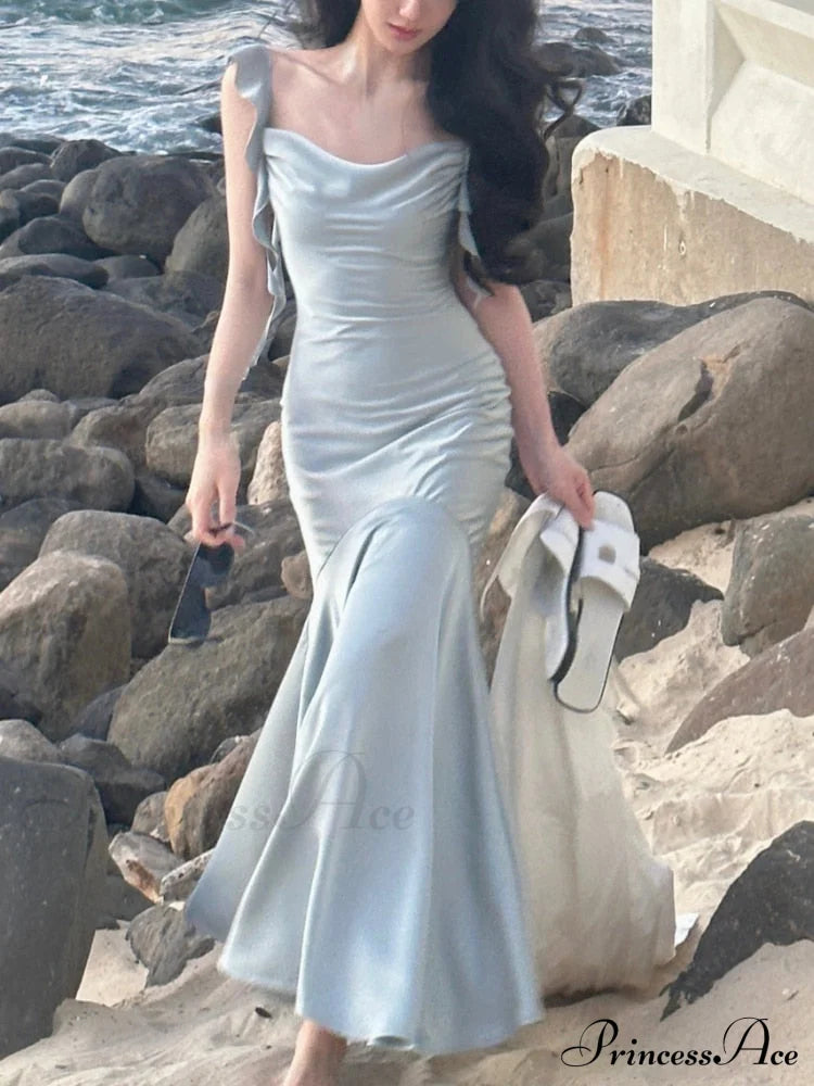 Strap Vintage Gown - Party Elegant Satin Midi Korean Casual