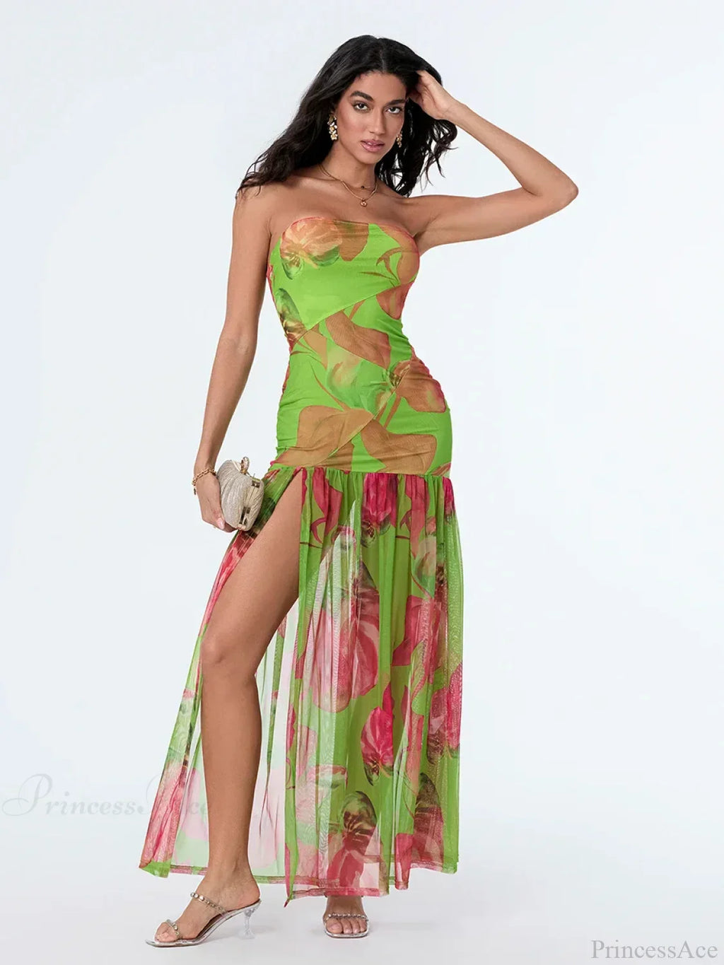 Strapless High Slit Mesh Hem Floral Dress