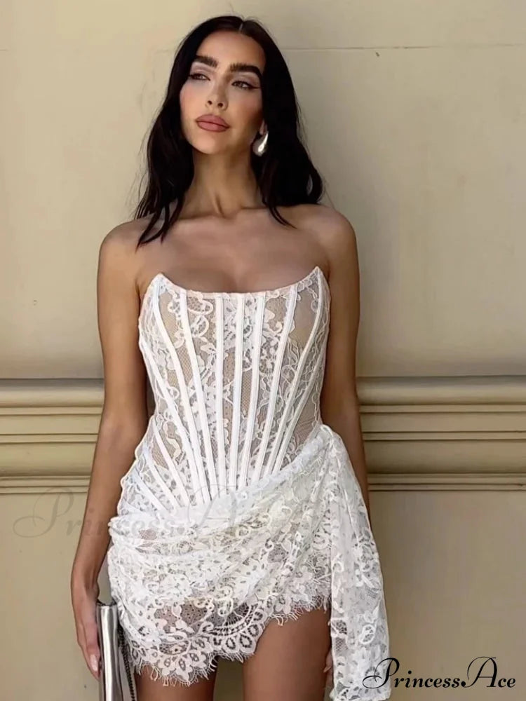 Strapless Lace Corset Mini Dress - Sleeveless Bodycon Party