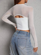 Strapless Low-Cut Mesh Cutout Long Sleeve Crop Top