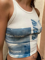Street Portrait Striped Girl Sleeveless Off Shoulder Slim Fit Baby Tight Y2K Short Style Aesthetic Emo Tank Top