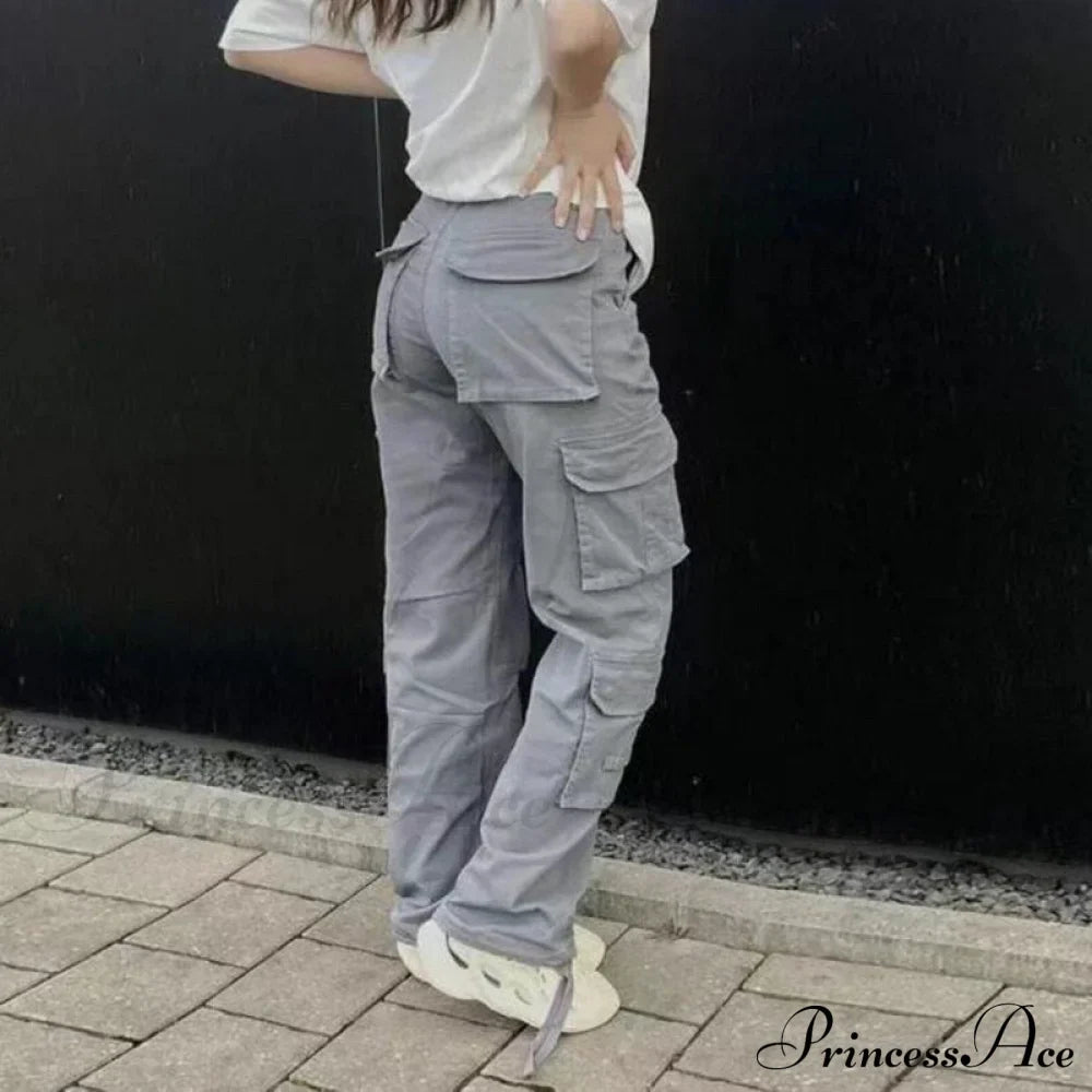 Streetwear Pockets Wide Leg High Waist Straight Trousers