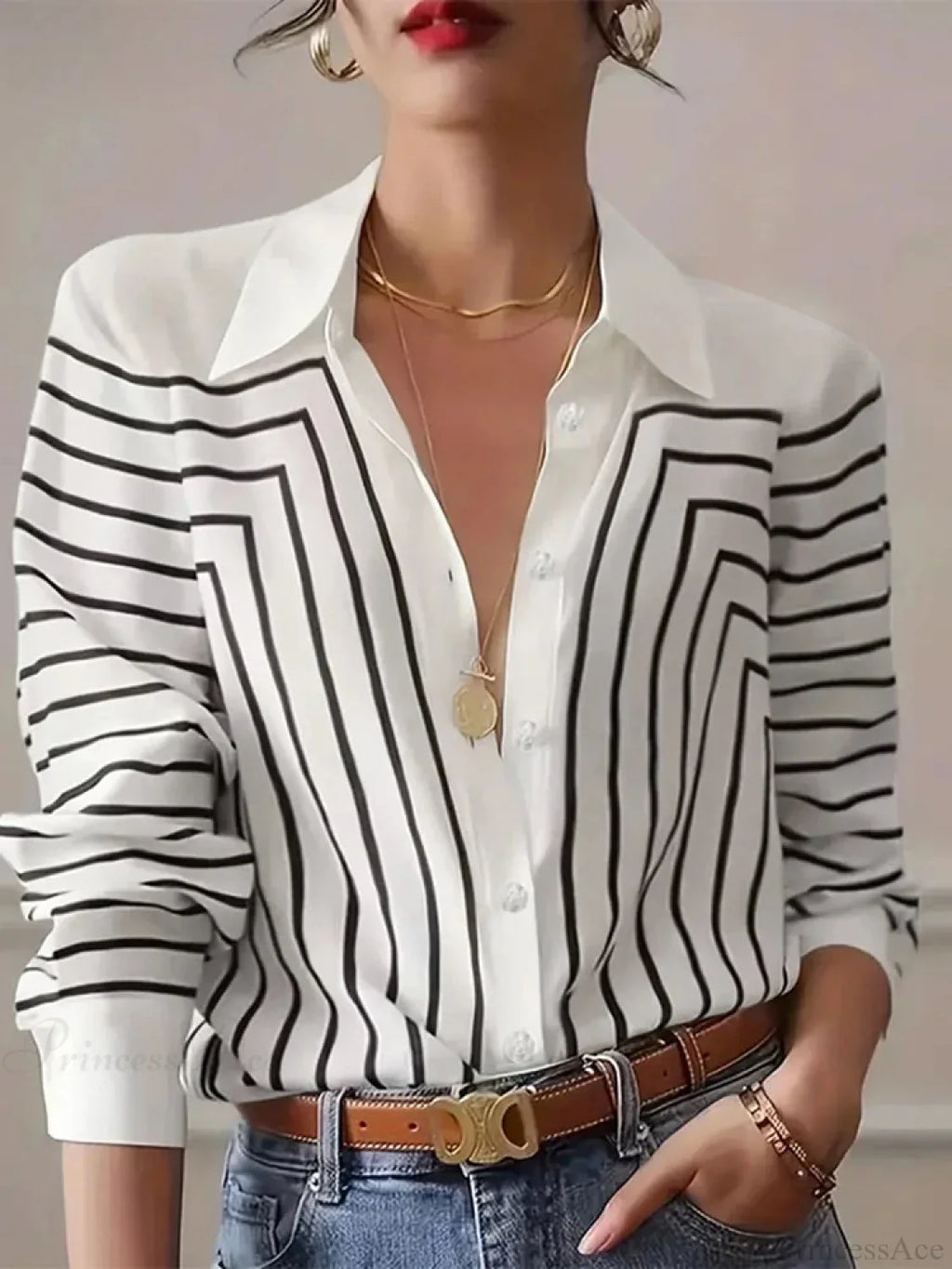 Stripe Printed O-Neck Blouse Office Wear