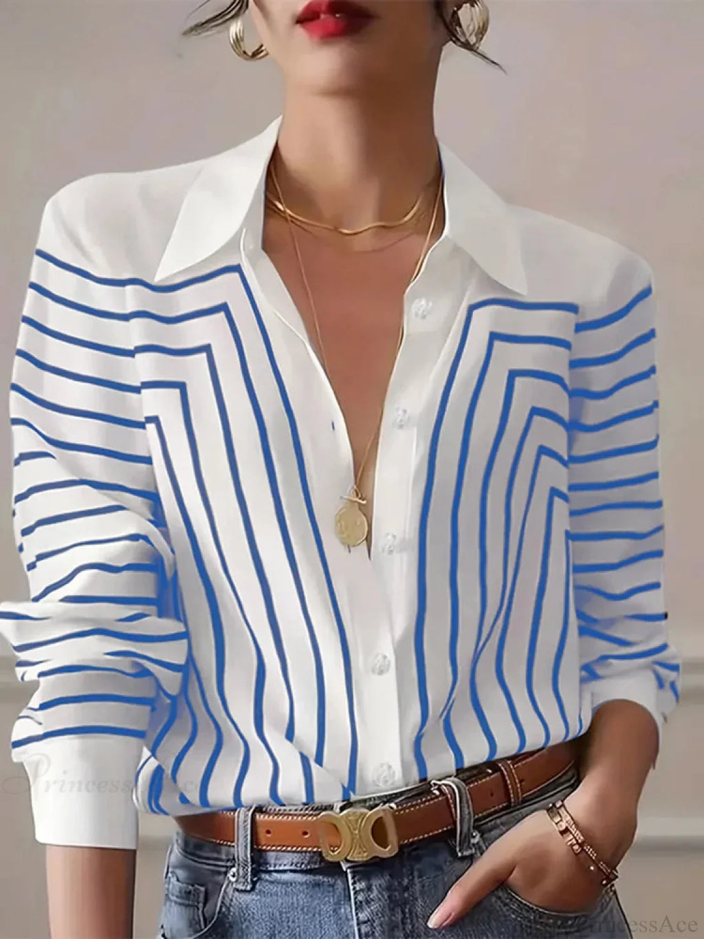 Stripe Printed O-Neck Blouse Office Wear