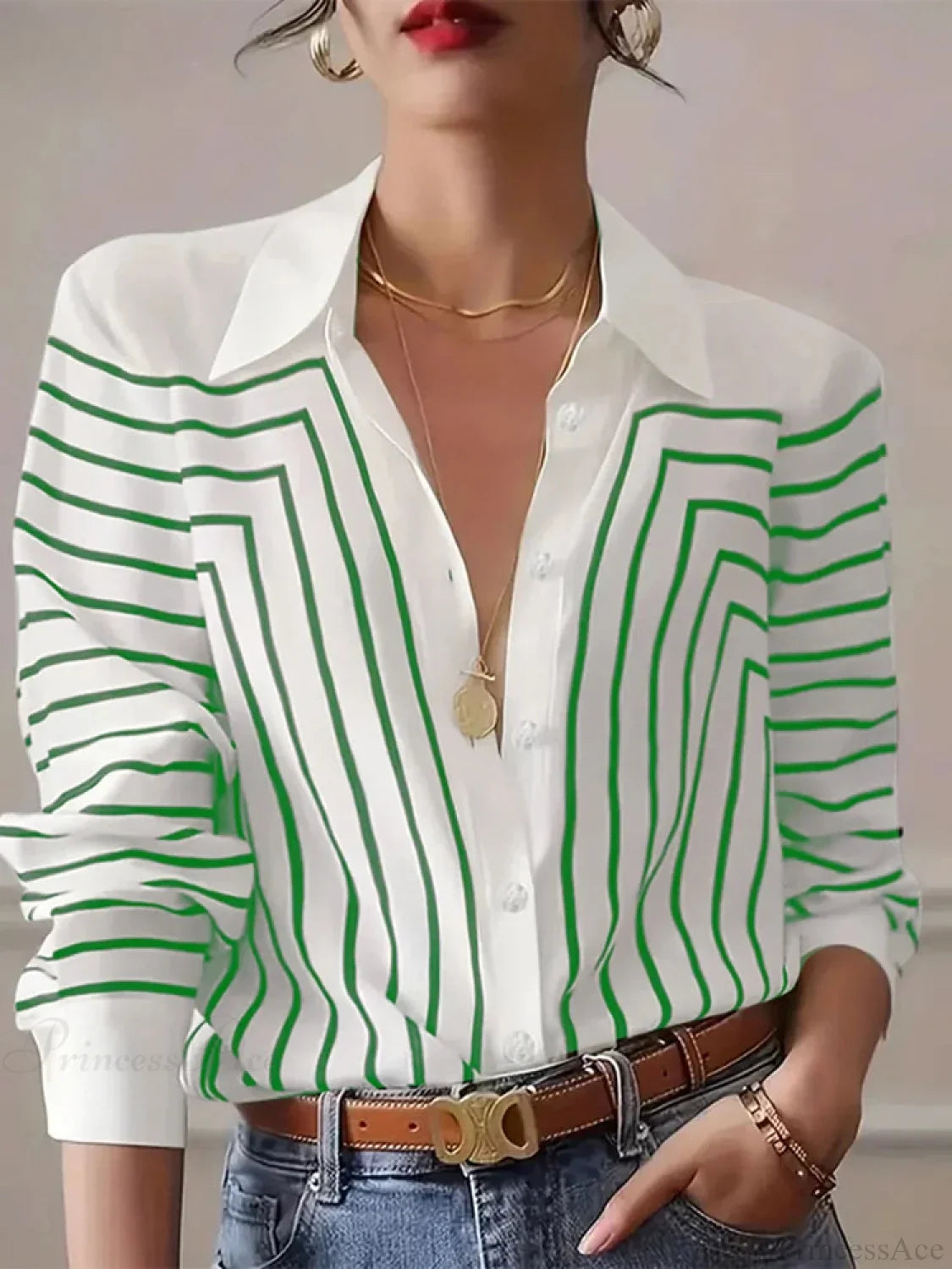 Stripe Printed O-Neck Blouse Office Wear