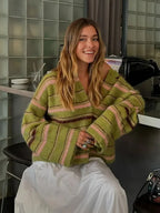 Stripe V-Neck Single Breasted Cardigan