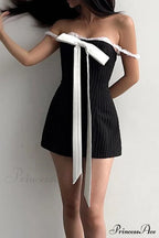 Striped Cami Dress With Lace Straps And Bow-Tie