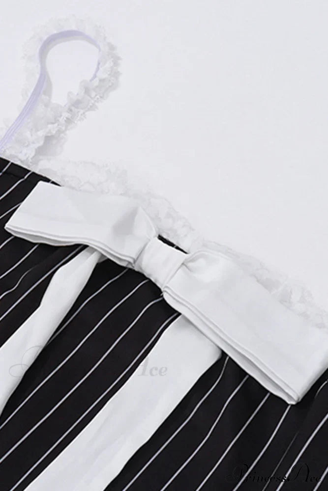 Striped Cami Dress With Lace Straps And Bow-Tie