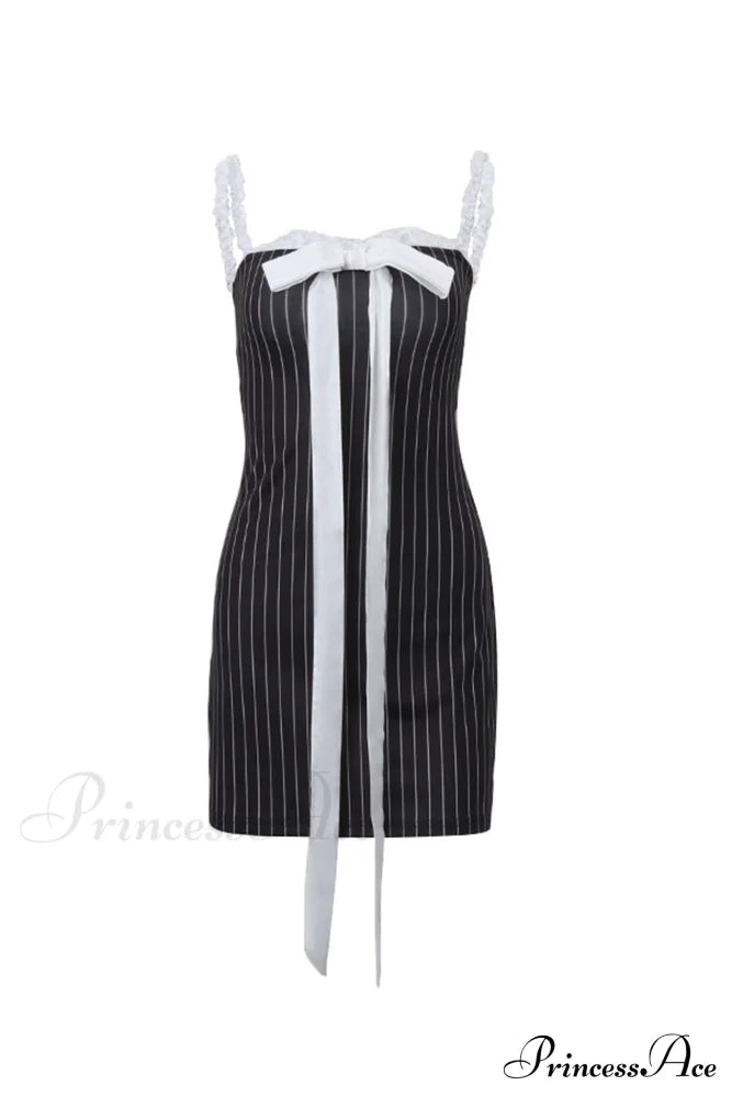 Striped Cami Dress With Lace Straps And Bow-Tie