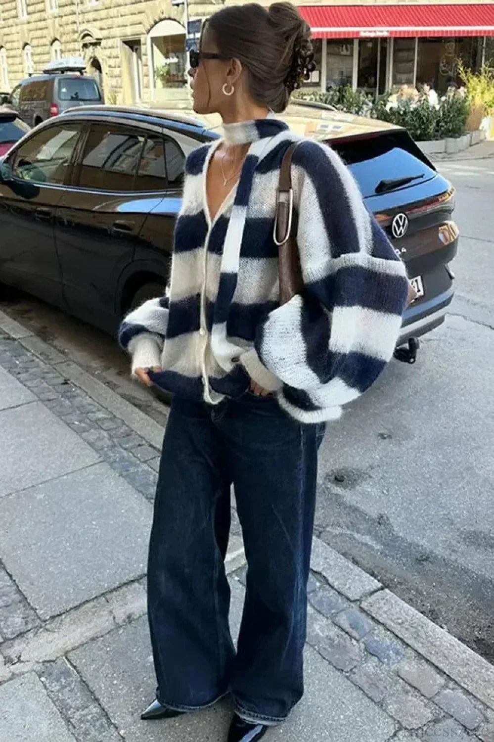 Striped Contrast V-Neck Loose Cardigan