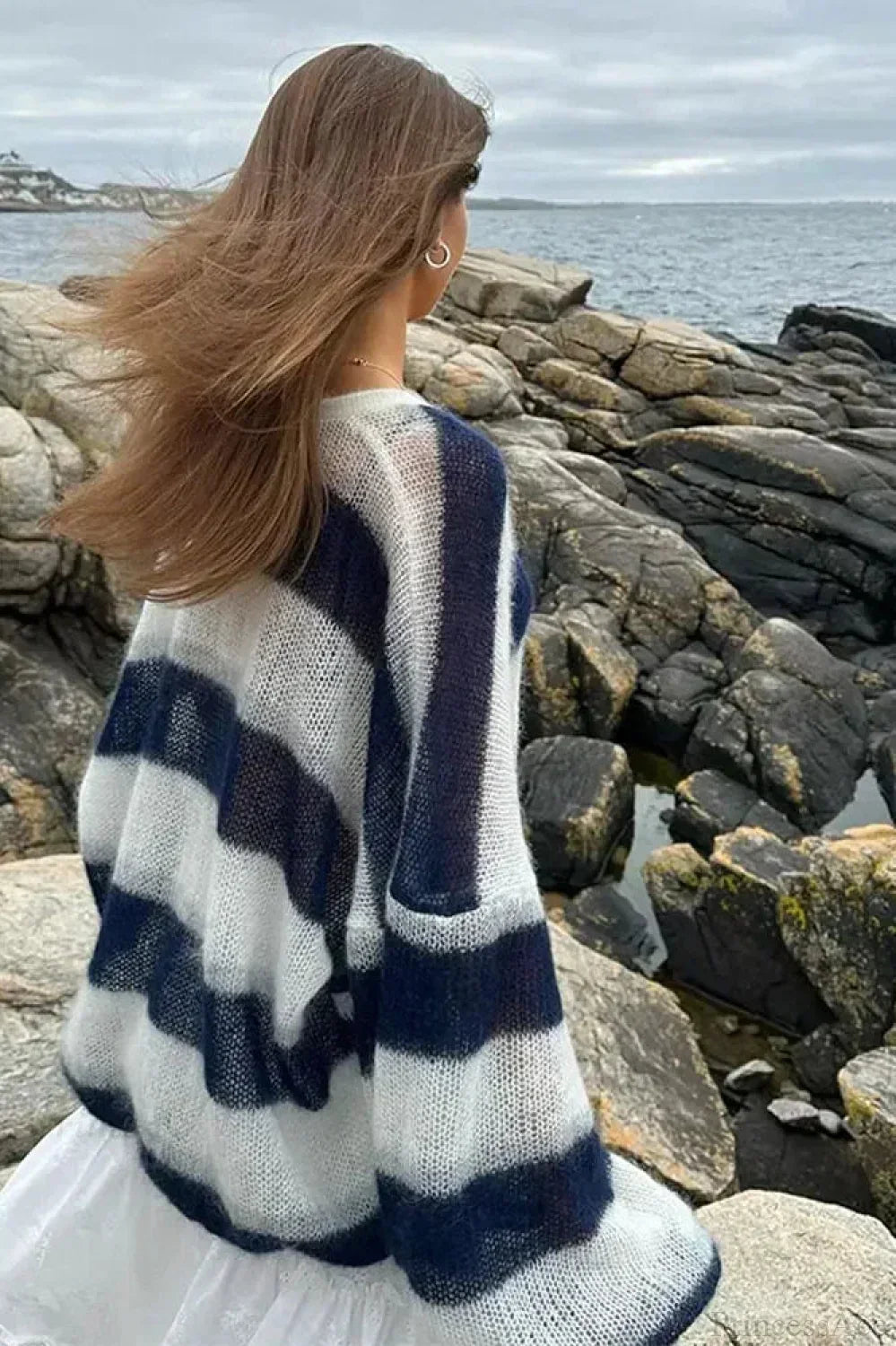 Striped Contrast V-Neck Loose Cardigan