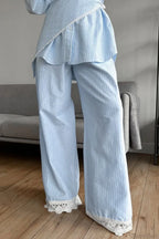 Striped Lace Casual Long Sleeve Pants Scarf Three Piece Set