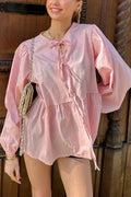 Striped Loose Fit Lace-Up Round Neck Blouse
