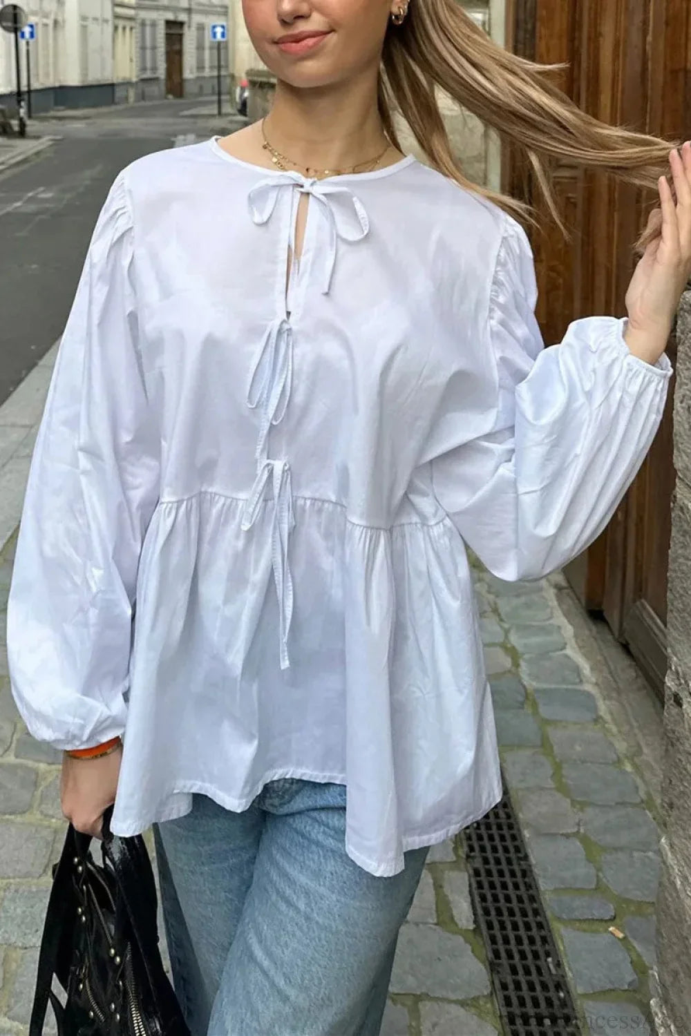 Striped Loose Fit Lace-Up Round Neck Blouse