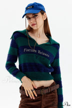 Striped Patchwork Knitted Sweater With Lapel