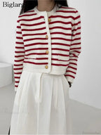 Striped Print Cropped Loose Knit Cardigan