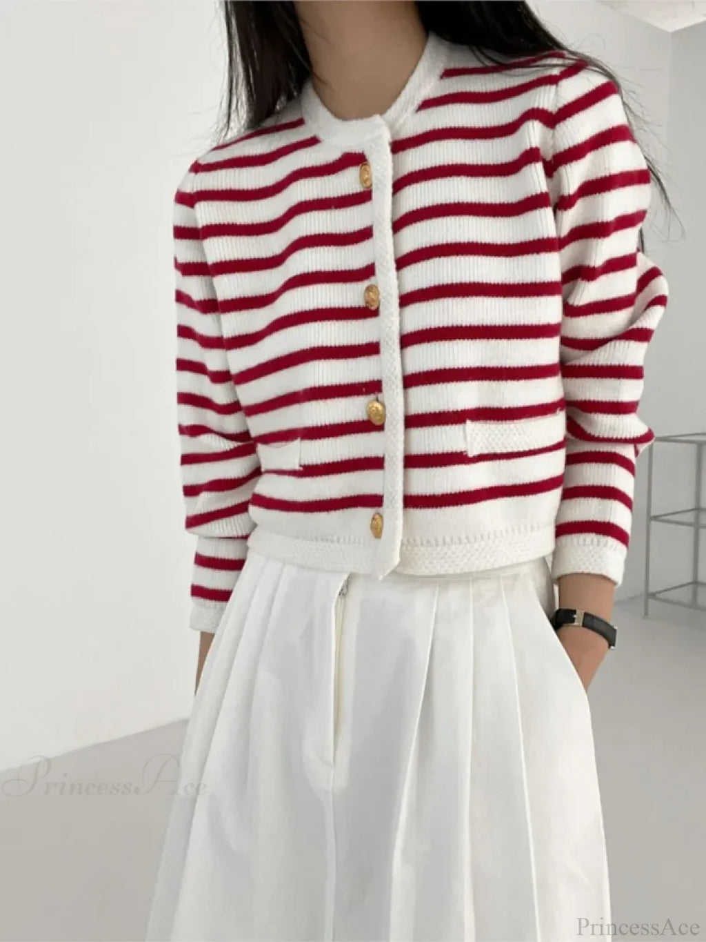 Striped Print Cropped Loose Knit Cardigan