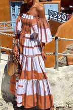 Striped Print Ruffle Sleeve Tiered Dress