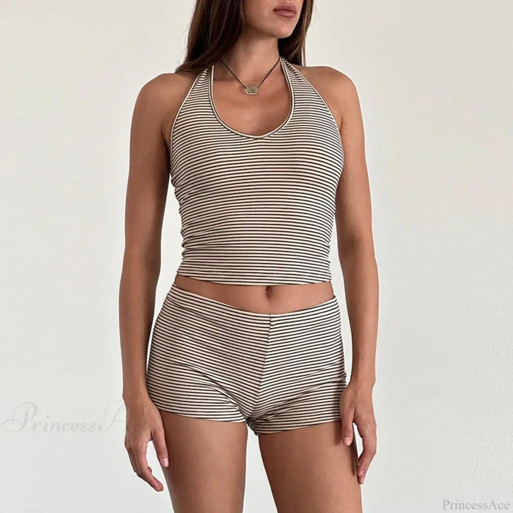 Stripes Print Sleeveless V Neck Halter Crop Low Waist Shorts Two Pieces Set