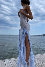 Sultry Sequined Ruffled 3D Floral Evening Dress