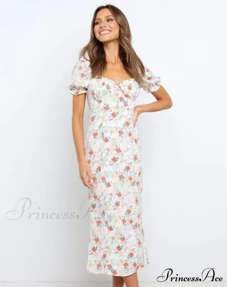 Summer Beach Sweet Dress With Puff Sleeves And Ruffles