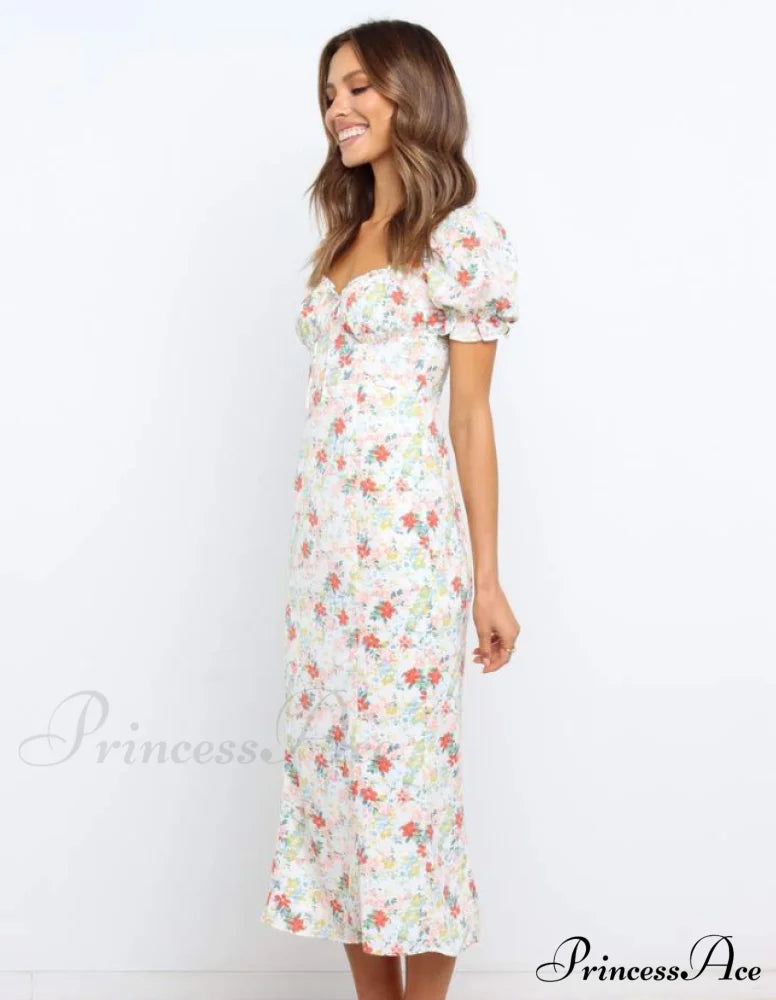 Summer Beach Sweet Dress With Puff Sleeves And Ruffles