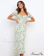 Summer Beach Sweet Dress With Puff Sleeves And Ruffles
