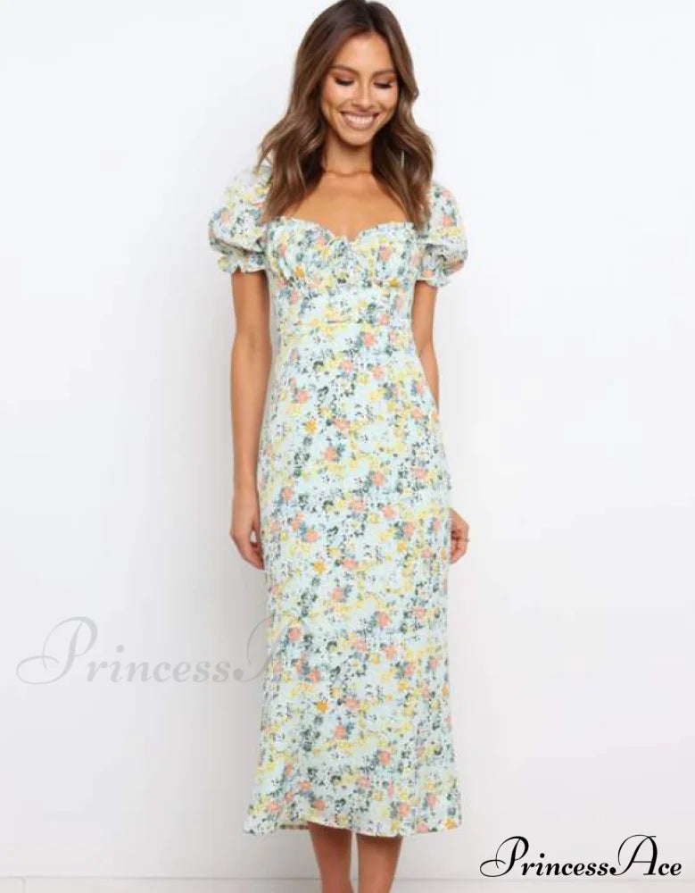 Summer Beach Sweet Dress With Puff Sleeves And Ruffles
