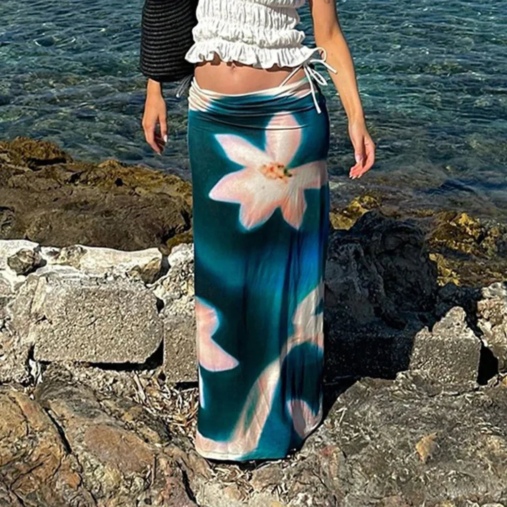 Summer Blue Print High Waist Maxi Skirt Club